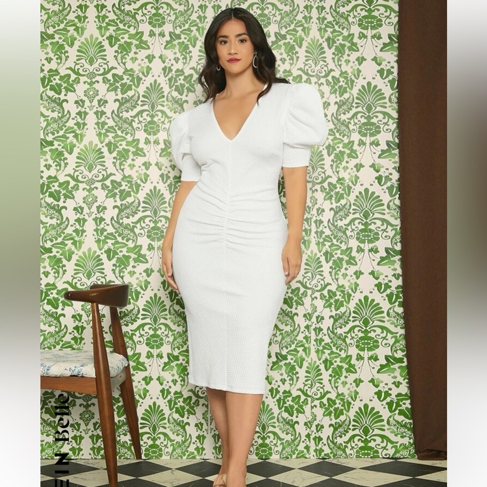 NEW SHEIN WHITE SHORT PUFF SLEEVE KNIT MAXI V-NECK DRESS